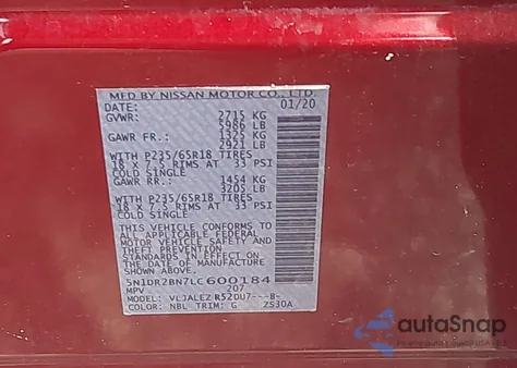 2020 Nissan Pathfinder Sv 2Wd z USA, uszkodzony, nr VIN 5N1DR2BN7LC600184